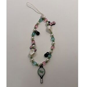 Sanrio Hello Kitty Tennis Beaded Phone Strap Charm Green Pink Bows Racket Logo